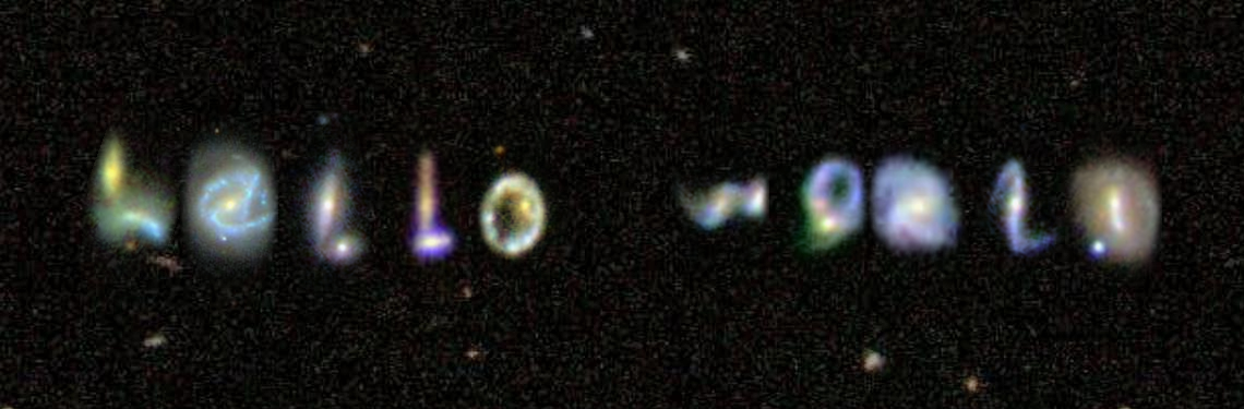 SDSS galaxis spelling out 'hello world'.